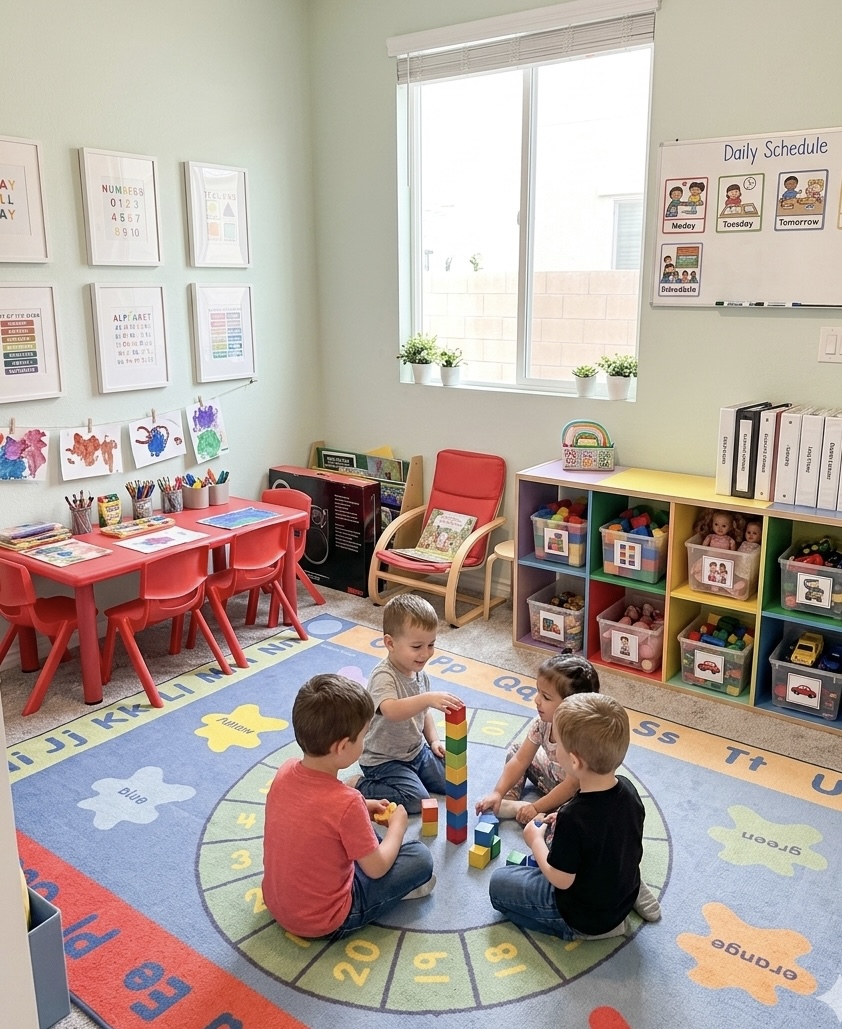 KiddyCare Daycare classroom — children playing on alphabet rug with blocks, surrounded by learning materials, daily schedule, and art supplies