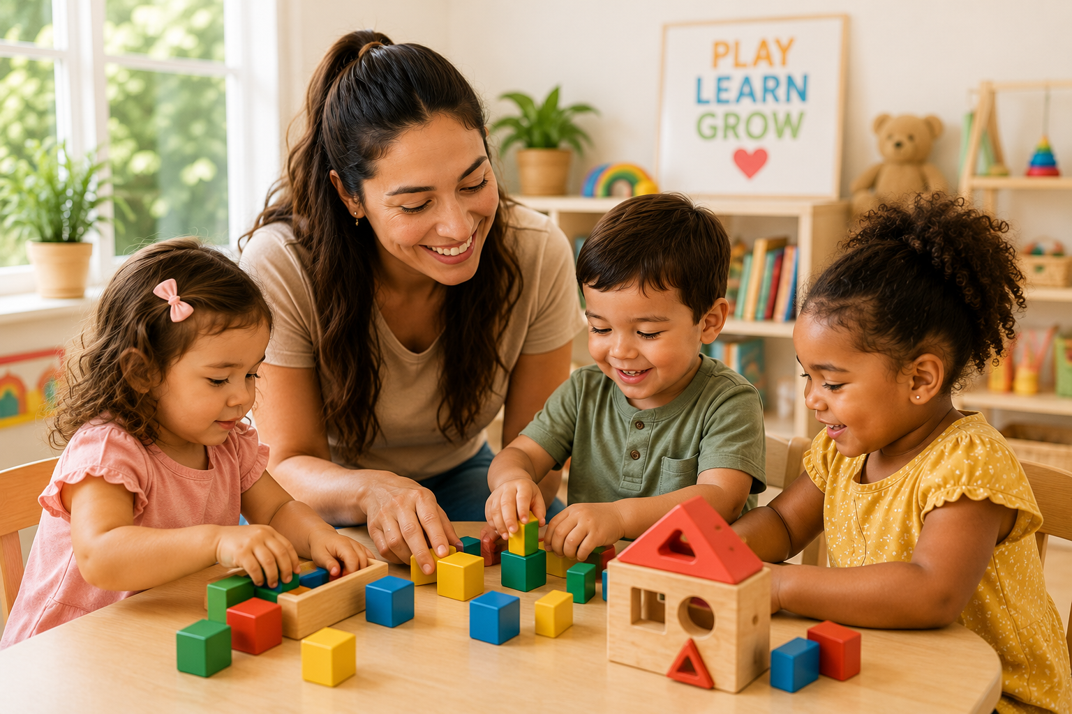 A KiddyCare Daycare teacher with three smiling children playing with wooden blocks