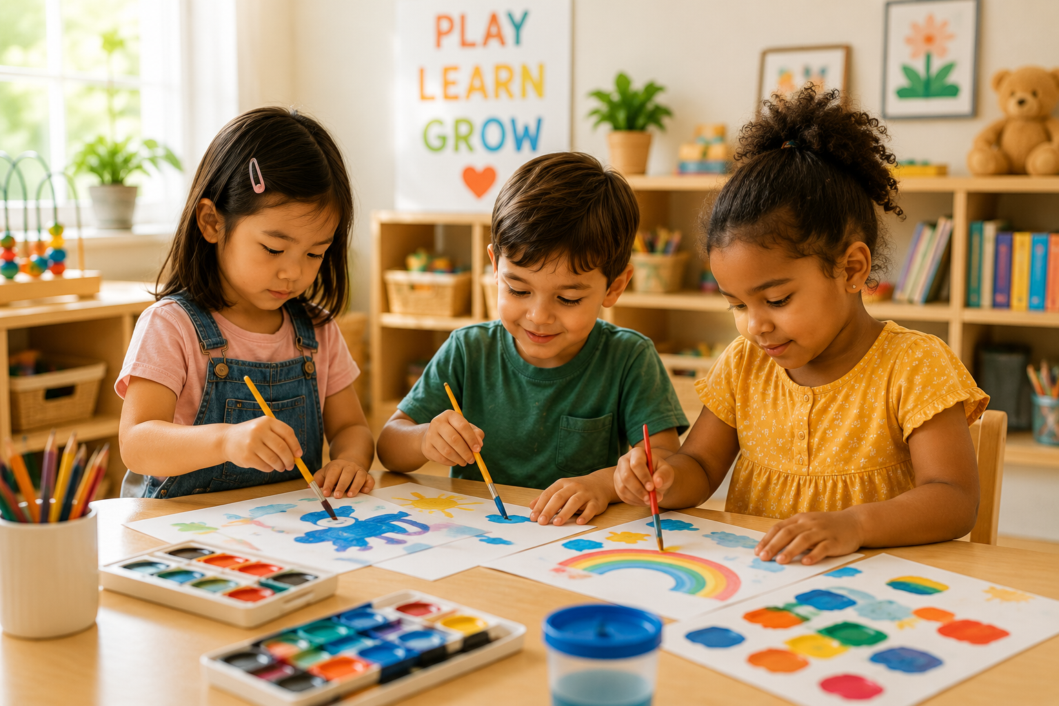 Preschool children at KiddyCare Daycare painting with watercolors