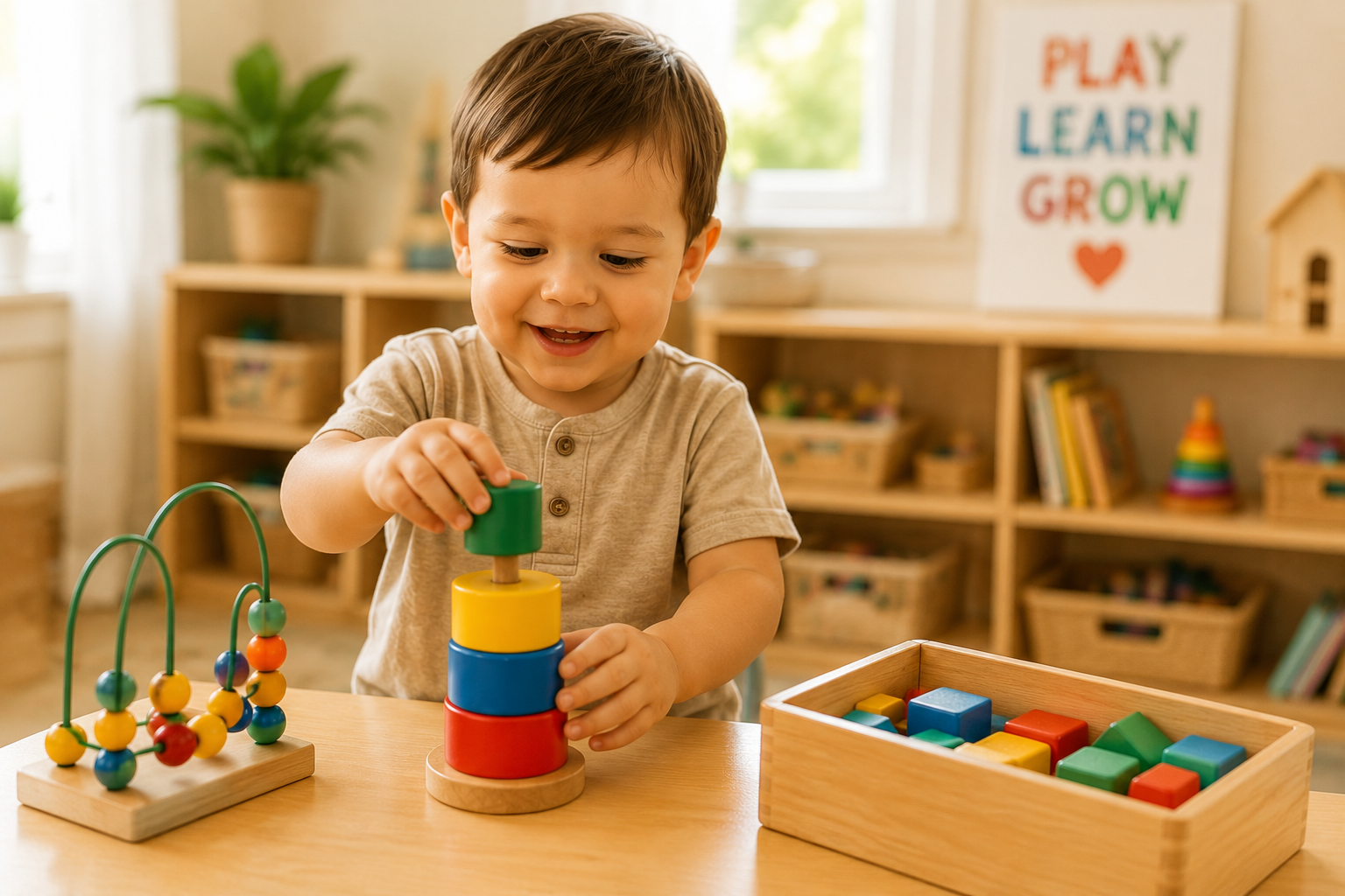 Toddler at KiddyCare Daycare engaged in stacking-block activity